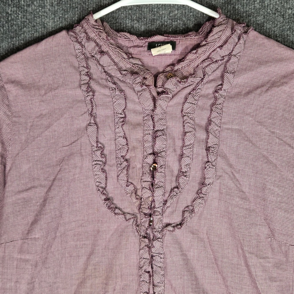 J.Crew Women L Purple Gingham Ruffle Button Down Blouse Cotton Long Sleeve Top